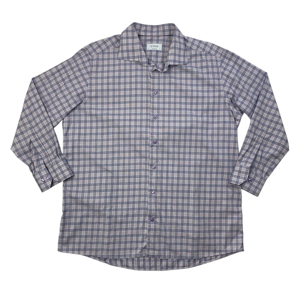 Eton Shirt Mens 18 Navy Lavender Darted Back Contemporary Fit Business Dress